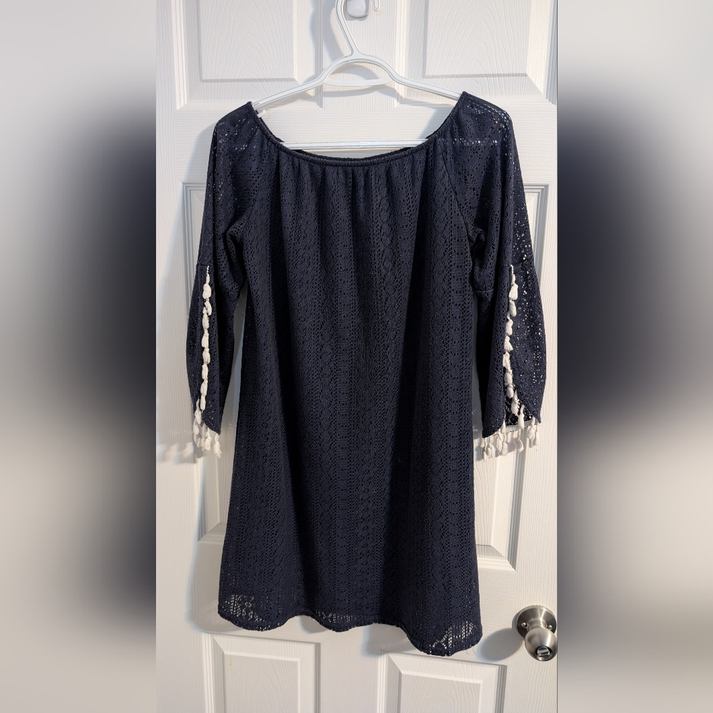 Navy Blue Lace Dress with Tassel Accents